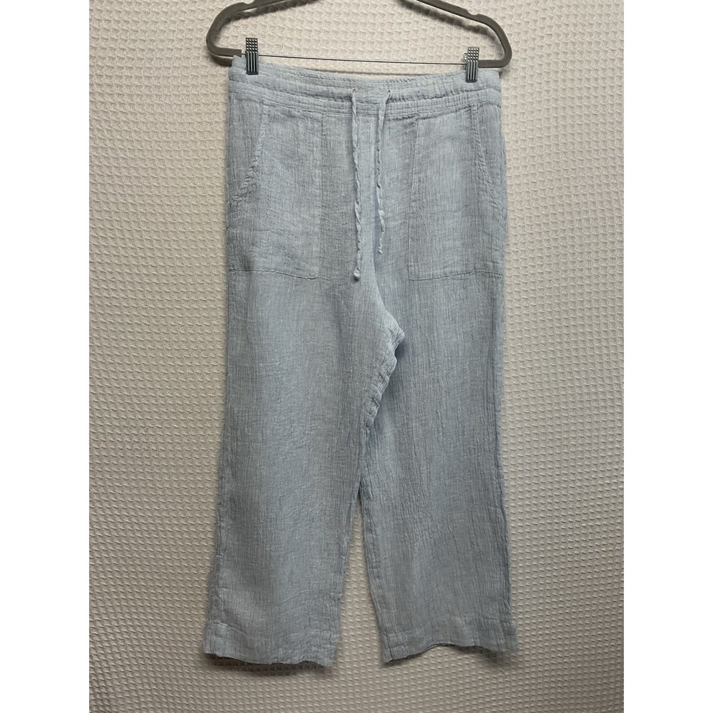Sigrid Olsen Pants Women's Large Blue Linen‎ Straight Leg Crinkle Beachy Coastal
